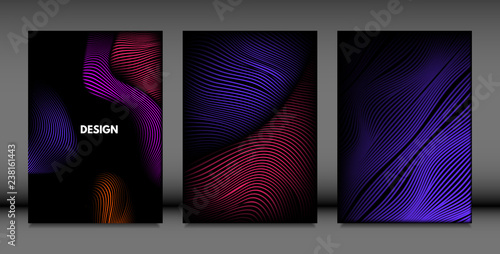 Abstract Wave Shapes. Cover Design Templates Set with Vibrant Gradient and Volume Effect in Futuristic Style. Vector Abstraction with Distorted Lines. Abstract Wavy Shapes for Cover, Magazine, Poster. © ingara