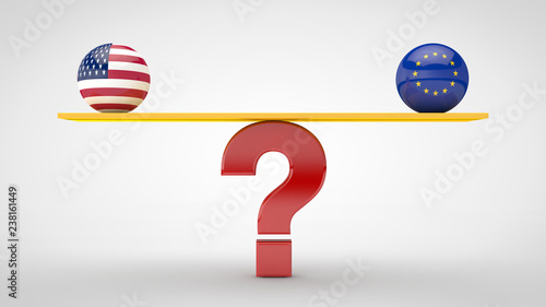 3D illustration of the question mark and swing with balls of flags of world countries and unions, economic blocks and partners. The idea of confrontation in politics and Economics. 3D rendering photo