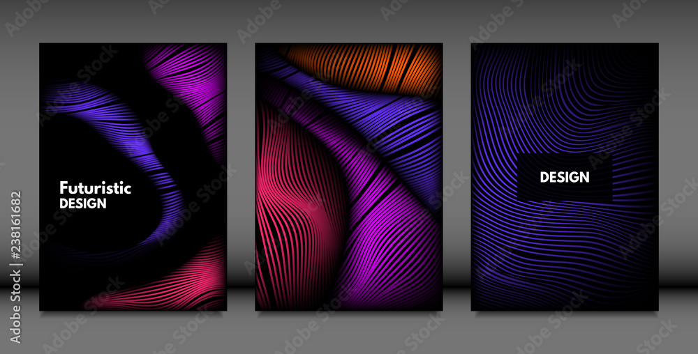 Abstract Wave Shapes. Cover Design Templates Set with Vibrant Gradient and Volume Effect in Futuristic Style. Vector Abstraction with Distorted Lines. Abstract Wavy Shapes for Cover, Magazine, Poster.