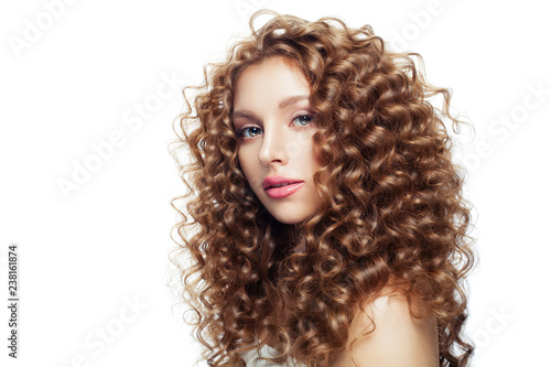 Beautiful blonde girl with healthy skin and perfect curly hair isolated on white background