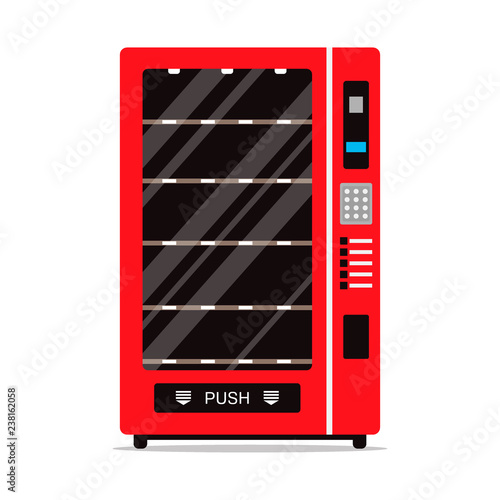 Empty vending machine isolated on white background. Automat with shelves for food or other products, automatic seller. Penny-in-the-slot, red metal vendor machine flat illustration in vector photo