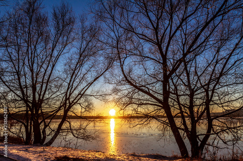 Sunset on the Moscow river in december. Russia