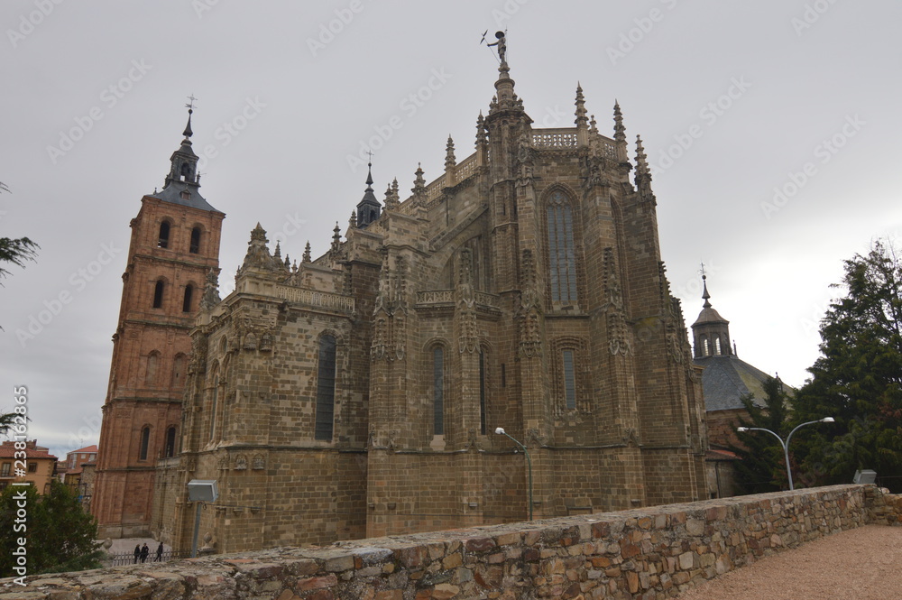 Cathedral From The Top Of The Palace Wall In Astorga. Architecture, History, Camino De Santiago, Travel, Street Photography. November 1, 2018. Astorga, Leon, Castilla-Leon, Spain.