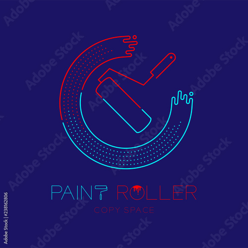 Paint roller and circle frame logo icon outline stroke set dash line design illustration isolated on dark blue background with Paint roller text and copy space, vector eps 10