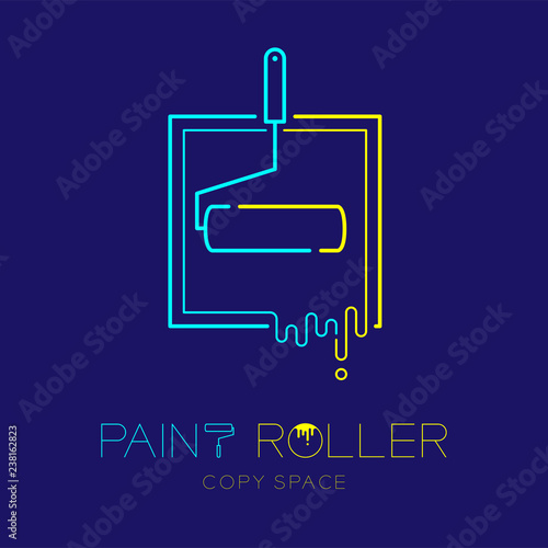 Paint roller with tray frame logo icon outline stroke set dash line design illustration isolated on dark blue background with Paint roller text and copy space, vector eps 10