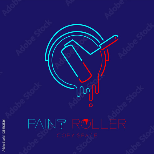 Paint roller in bucket frame logo icon outline stroke set dash line design illustration isolated on dark blue background with Paint roller text and copy space, vector eps 10
