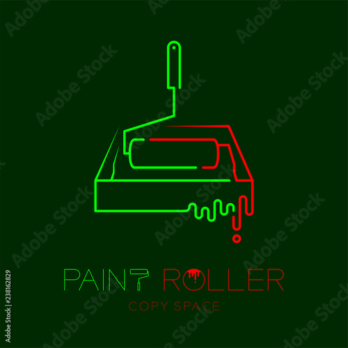 Paint roller with tray frame logo icon outline stroke set dash line design illustration isolated on dark blue background with Paint roller text and copy space, vector eps 10