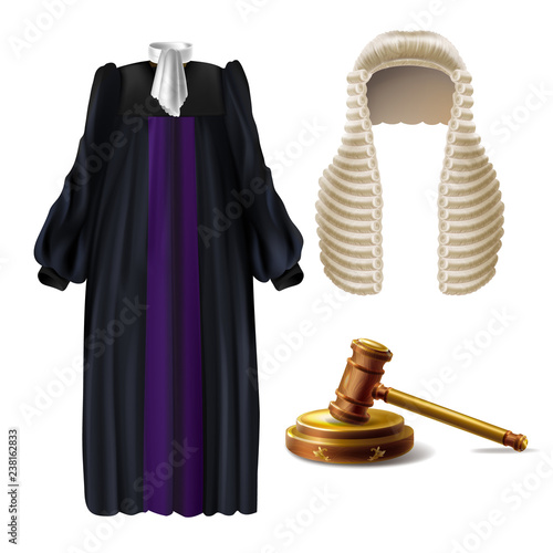 Judge ceremonial clothing and wooden gavel 3d realistic vector isolated on white background. Court dress with long wig, black robe and bow tie on collar illustration. Law and justice system symbols