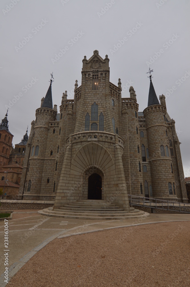 Main Facade Of The Episcopal Palace Of Gaudi In Astorga. Architecture, History, Camino De Santiago, Travel, Street Photography. November 1, 2018. Astorga, Leon, Castilla-Leon, Spain.