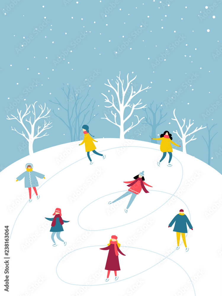 Winter activity, people group is skating on ice rink outdoor. Flat illustration of holidays fun
