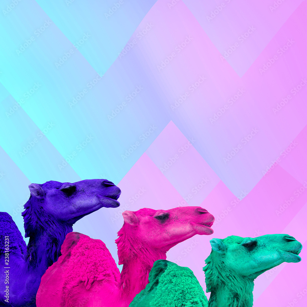 Contemporary minimal art collage. Colored camels. Colorful concept art