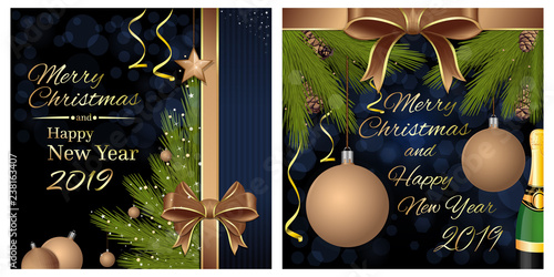 Merry Christmas and Happy New Year 2019. Greeting card set with a Christmas tree and congratulatory inscription. Vector illustration