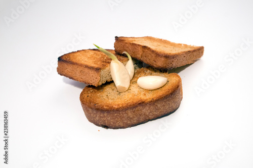 Toasted bread slices with appetite crispy crust and few sprouted garlic cloves isolated on light background