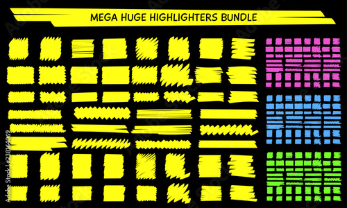 Yellow highlight marker scribble set vector illustration. Hand drawn highlight square and rectangle stripes in yellow and blue, pink and green marker neon colors for whiteboard school style design