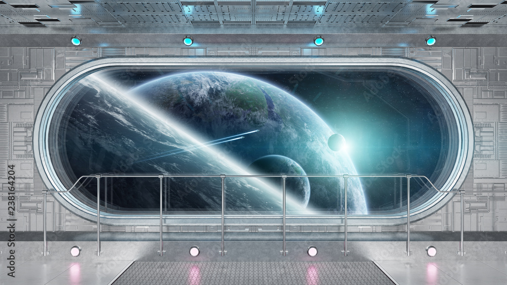 Fototapeta premium White tech spaceship round window interior background 3D rendering