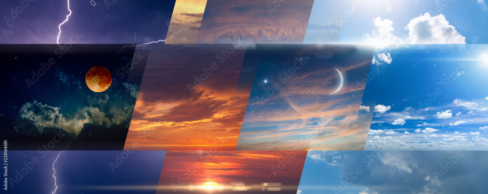 Weather forecast background, collage of skies photos with variety weather conditions - obrazy, fototapety, plakaty 
