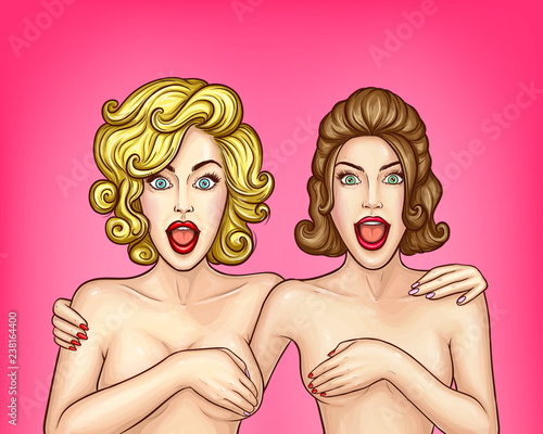 Beauty, spa or solarium saloon pop art vector banner template with two excited or surprised nude women with open mouth, covering naked breast with their hands. Erotic service, lesbian love concept