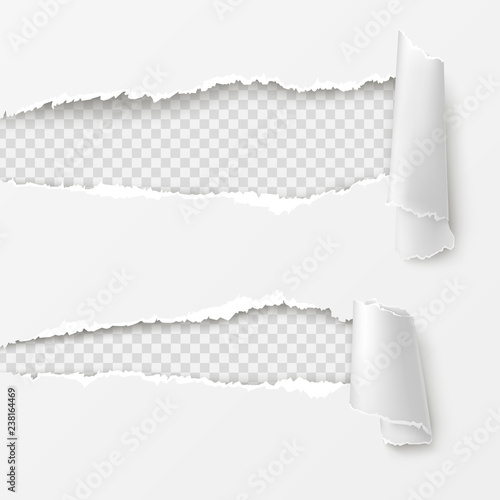 Gaps with ripped and scrolled edges on torn parer realistic vector illustration with copyspace. Holes with damaged sides in white sheet or background. Advertising banner or web page design element