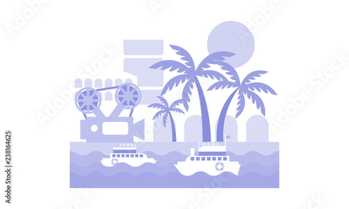 Monochrome vector landscape with ships in sea, palm trees, film strip and camera. Cinema festival in Nice