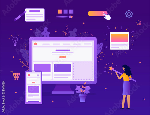 The girl creates her own website. She's holding a magic wand. Website builder concept. Web development. Flat vector illustration.