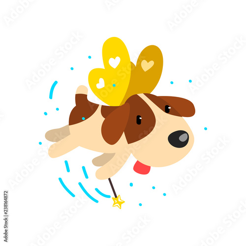 Cute winged beagle dog with a magic wand, fantasy fairy tale animal cartoon character vector Illustration