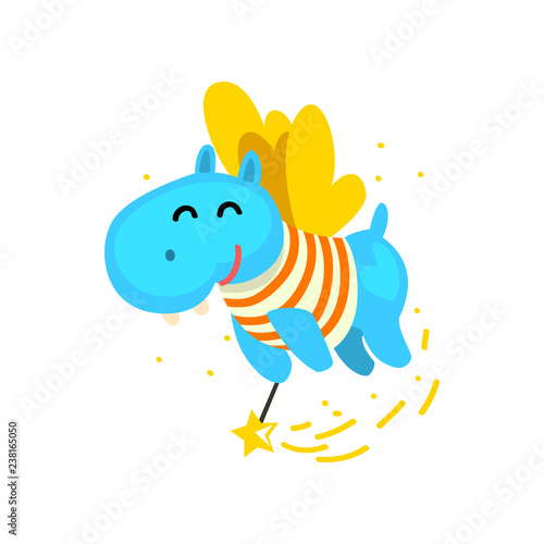 Cute winged hippo flying with a magic wand, fantasy fairy tale animal cartoon character vector Illustration