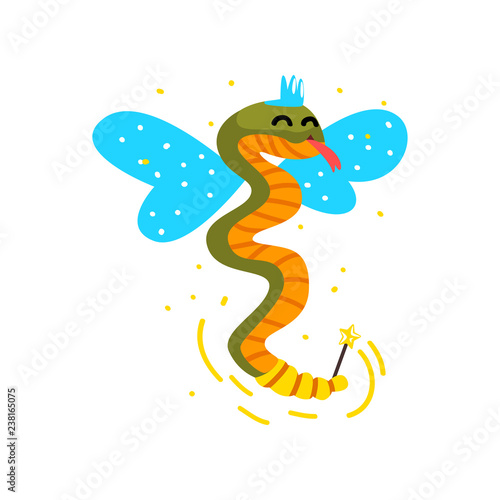 Cute winged snake with a magic wand  fantasy fairy tale animal cartoon character vector Illustration