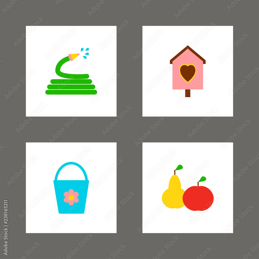 Cards with garden icons. Hose, birdhouse, pear in flat style. Vector illustration. Cards with garden icons. Hose, birdhouse, pear in flat style. Vector illustration.