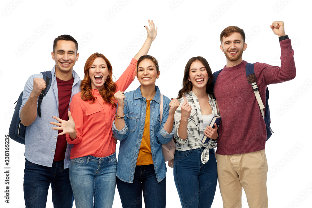 education, high school and people concept - group of happy students celebrating success over white background education, high school and people concept - group of happy students celebrating success over white background
