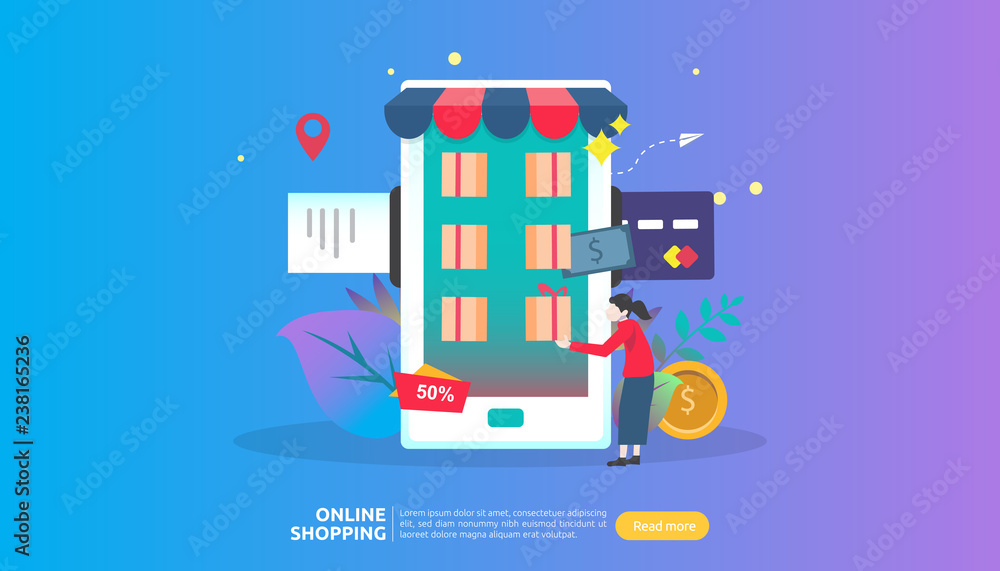 Online shopping banner. Business concept for Sale e-Commerce with smartphone and tiny people character. template for web landing page, presentation, social media and print media. Vector illustration. Online shopping banner. Business concept for Sale e-Commerce with smartphone and tiny people character. template for web landing page, presentation, social media and print media. Vector illustration.