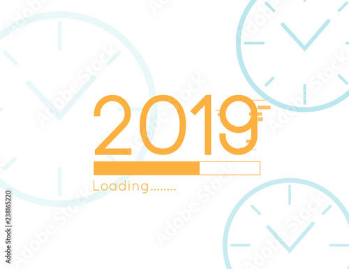 Happy new year loading progress soon 2019 vector illustration with clock background