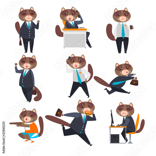 Businessman cat in different situations, humanized animal cartoon character in a suit at work vector Illustration on a white background