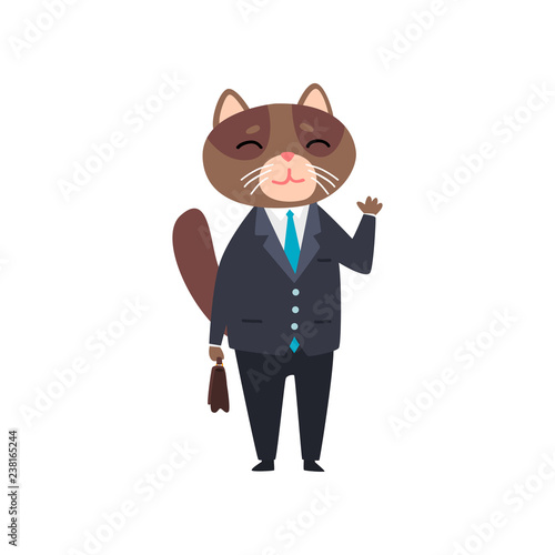 Businessman cat standing with briefcase, humanized animal cartoon character in a suit at work vector Illustration