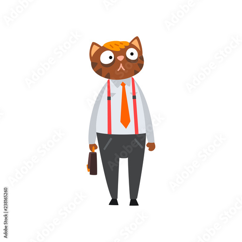 Businessman cat in formal clothes with briefcase, humanized animal cartoon character at work vector Illustration