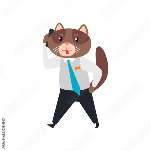 Businessman cat talking on the phone, humanized animal cartoon character at work vector Illustration