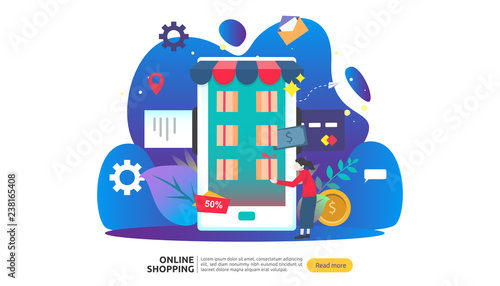 Online shopping banner. Business concept for Sale e-Commerce with smartphone and tiny people character. template for web landing page, presentation, social media and print media. Vector illustration.