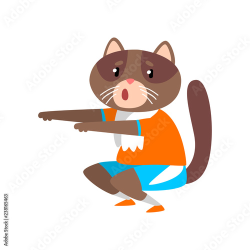 Businessman cat doing squats, humanized animal cartoon character in a suit at work vector Illustration