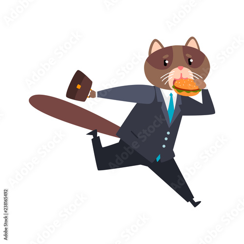 Businessman cat running and eating burgeer, humanized animal cartoon character in a suit at work vector Illustration