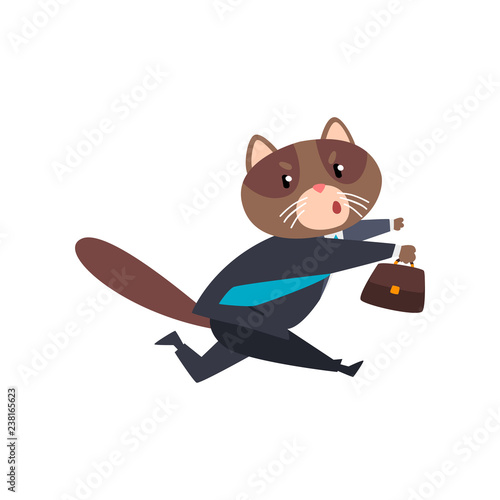 Businessman cat running with briefcase, humanized animal cartoon character in a suit at work vector Illustration