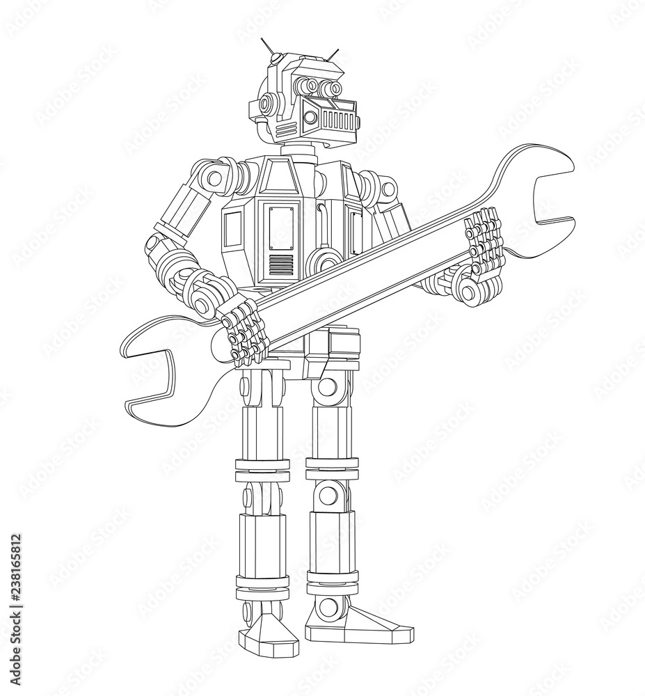 Highly detailed Android robot with a wrench. Pseudo 3d vector outline illustration.