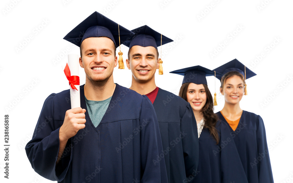 education, graduation and people concept - group of happy graduate students in mortar boards and bachelor gowns with diploma over white background education, graduation and people concept - group of happy graduate students in mortar boards and bachelor gowns with diploma over white background