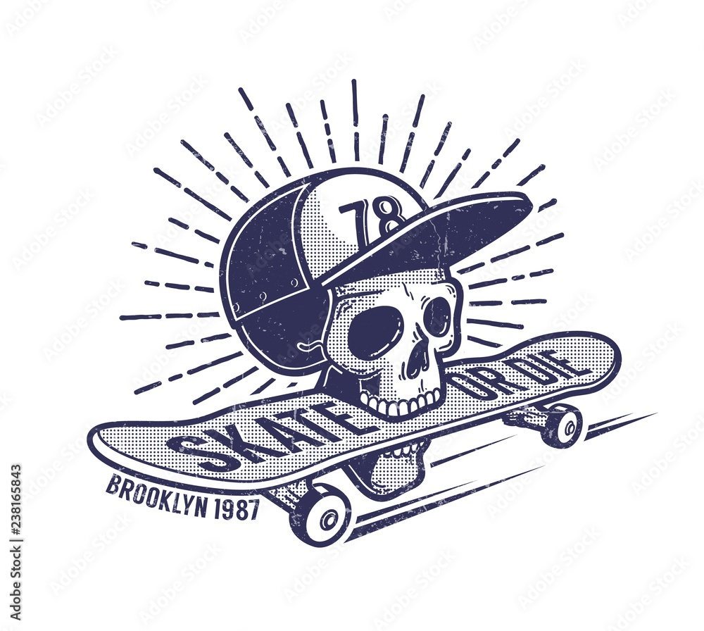 Skull in baseball cap keeps skateboard in his mouth - urban retro skateboarding emblem tattoo. Worn grunge texture on a separate layer