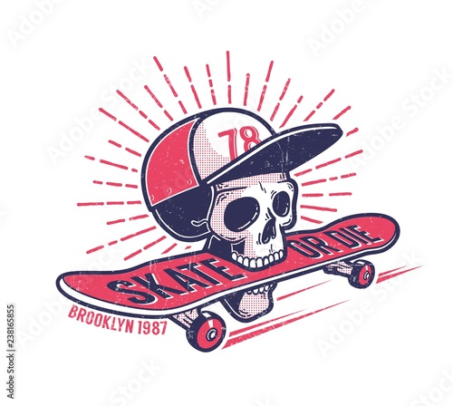 Cool youth skateboarding authentic retro street emblem with skull in baseball cap and  skateboard. Grunge worn texture on separate layer.