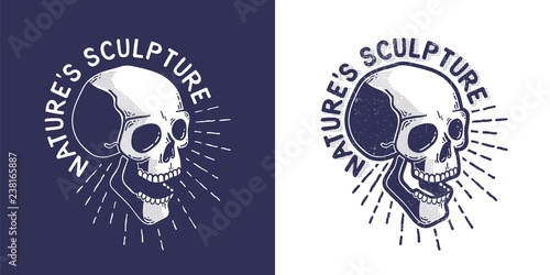 Hipster pseudo 3D skull in half a turn - nature  sculpture inscription. Worn grunge texture on a separate layer