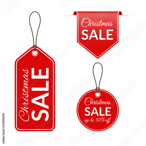Christmas sale price tag, label, ribbon set. Xmas holidays discount badges. Price off signs. Vector illustration.