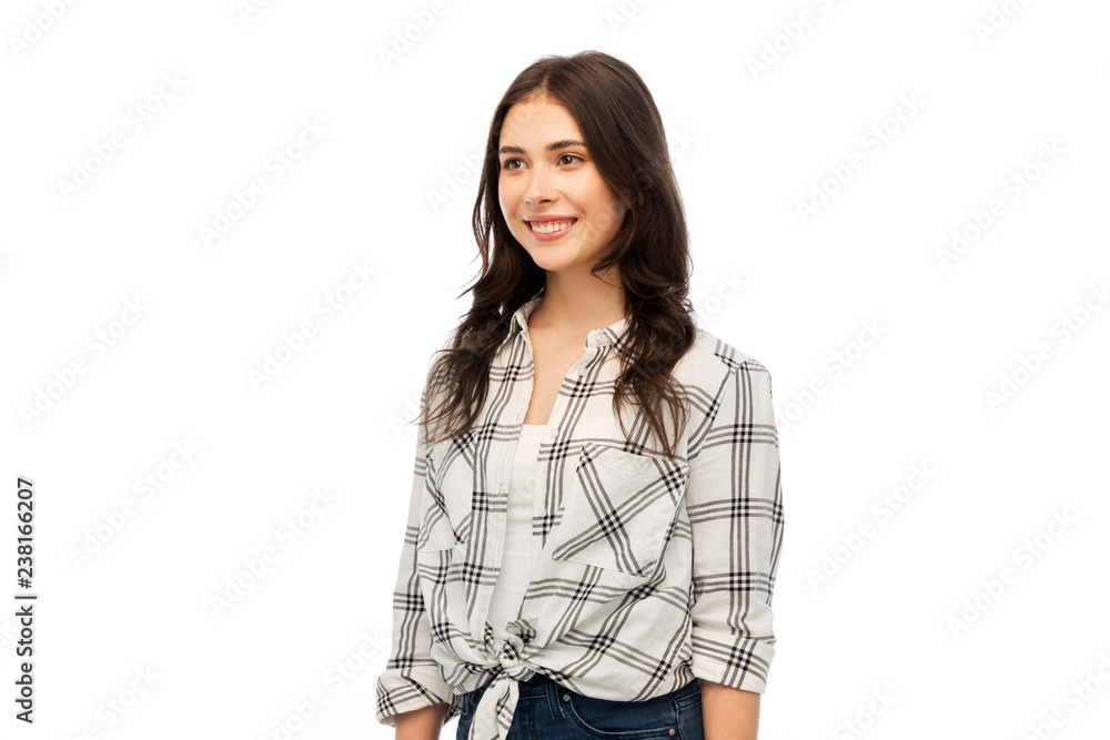 t-shirt design and people concept - smiling young woman or teenage girl in checkered shirt over white background t-shirt design and people concept - smiling young woman or teenage girl in checkered shirt over white background