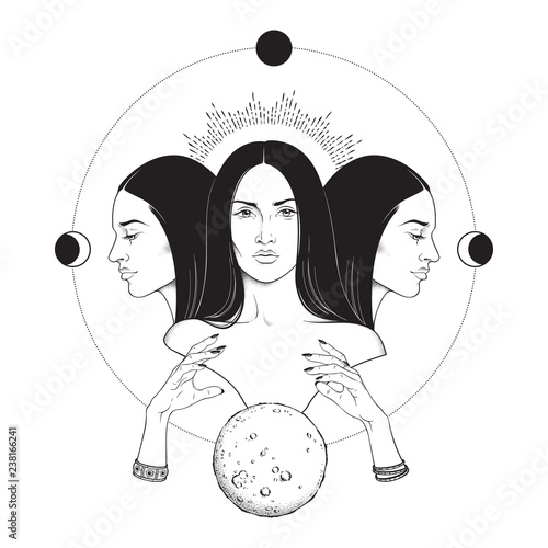 Triple lunar Goddess Hecate ancient Greek mythology hand drawn black and white isolated vector illustration. Blackwork, flash tattoo or print design.