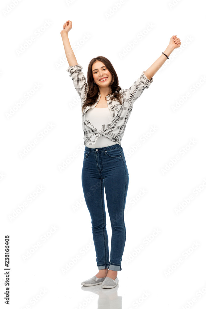 t-shirt design and people concept - happy young woman or teenage girl stretching over white background t-shirt design and people concept - happy young woman or teenage girl stretching over white background