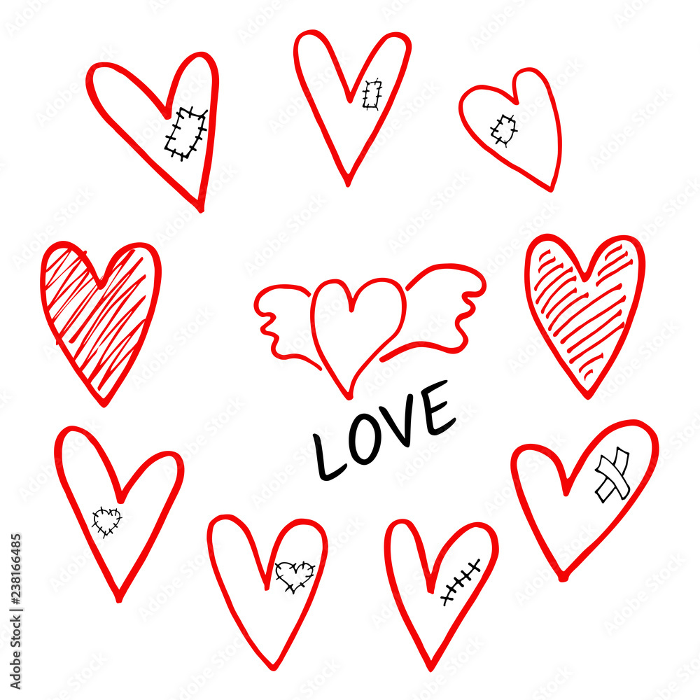 Vector set of hand drawn shaded hearts whis wings, plaster, scar and patch