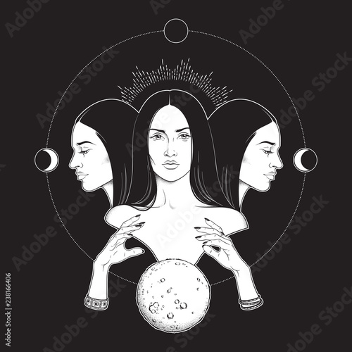Photo Triple lunar Goddess Hecate ancient Greek mythology hand drawn black and white isolated vector illustration